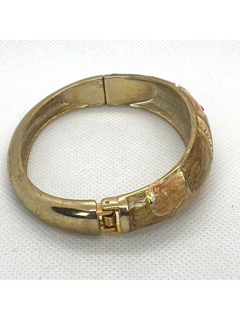 VTG Art Deco Enamel Gold Tone Hinged Bangle Rhinestone Clamper Retro Bracelet - Picture 8 of 16